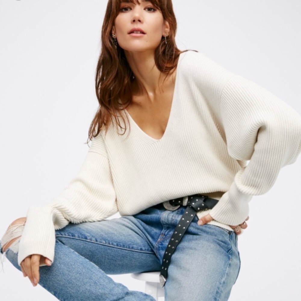 Free People Cream V-Neck Sweater